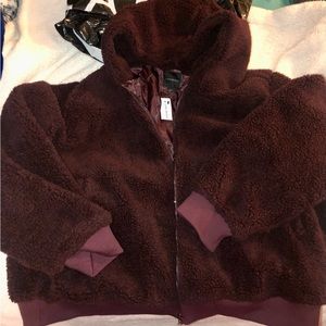 Sherpa Jacket with hood pockets zips satin fabric inside beautiful brown